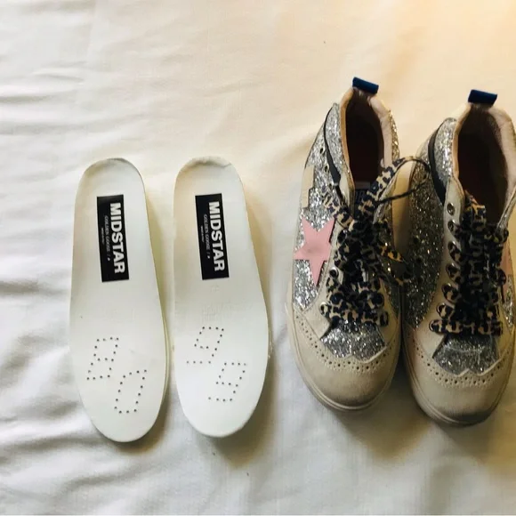 Golden goose mid star Silver Glitter High-Top Sneakers with Pink Star - Picture 12 of 16